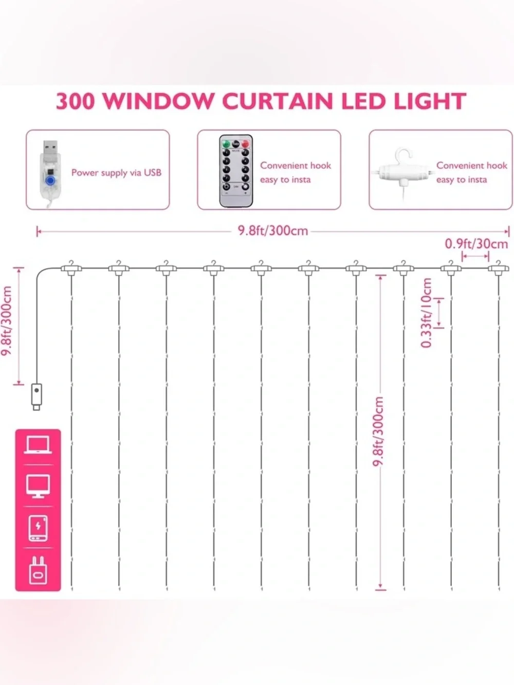300 LED Warm White Curtain String Lights - w/Remote. Home Holiday